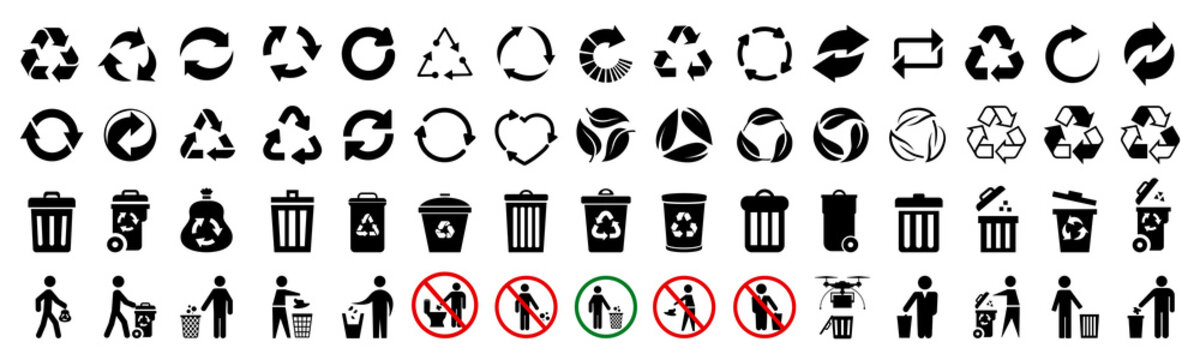 Recycle icons set, trash bin, trash can icons with man - stock vector