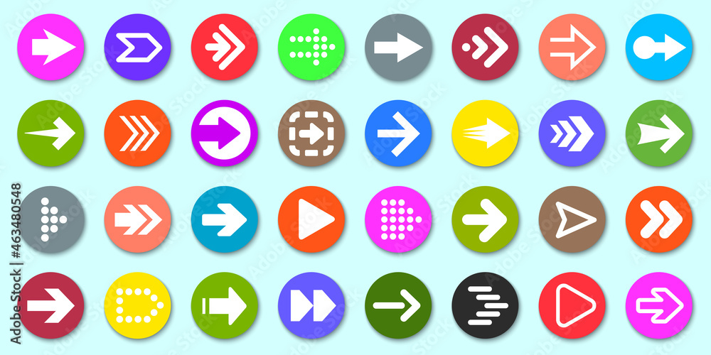 Poster Set colored arrow button icons. Collection different arrows sign. Set different cursor arrow direction symbols in circle flat style with shadows – stock vector