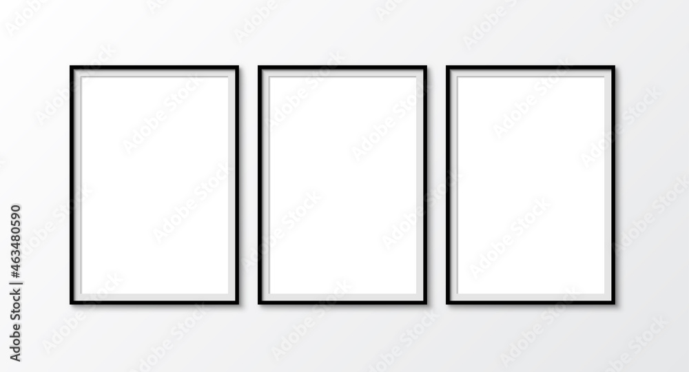 Poster three picture photo frames mockup, wall presentation, black thin rectangular vertical frame with sha