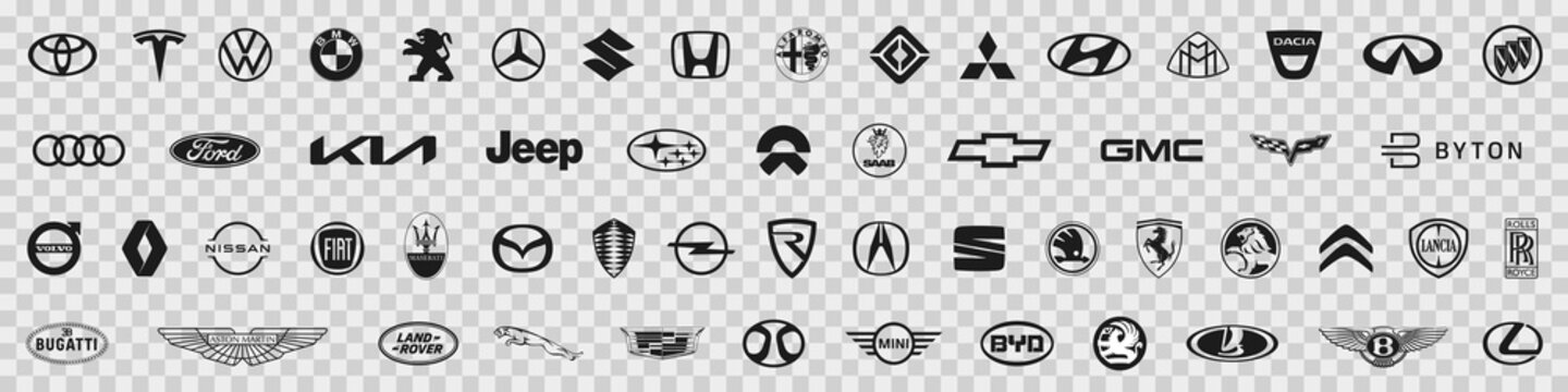 Kiev, Ukraine - October 17, 2021: Set logo of popular brands of cars and motorbikes, collection of car emblems. Top automotive industry leaders. Black automobile emblems sign. Logo of cars brand.