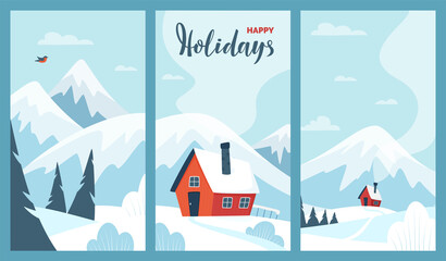Obraz na płótnie Canvas Vector set of Winter Mountains landscape. Winter houses, pines and hills. For banners, posters, cover design templates, social media stories wallpapers. Vector illustration