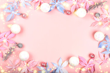 Christmas composition and concept of the new year 2022, beautiful holiday decorations on a light background with bright bokeh, postcard, winter banner for the screen with place for text