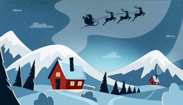 Night Winter Mountains landscape with Santa Claus Sleigh. Winter houses, pines and hills. Flat winter horizontal landscape. Snowy backgrounds. Vector illustration