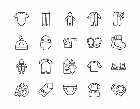 Baby clothes flat line icon set. Vector illustration infant apparel, bodysuit, romper, napkin, booties .Editable strokes
