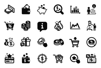 Vector Set of Finance icons related to Diagram, Graph chart and Currency audit icons. Loyalty star, Wallet and Hot loan signs. Dollar target, Diagram graph and Online market. Travel loan. Vector