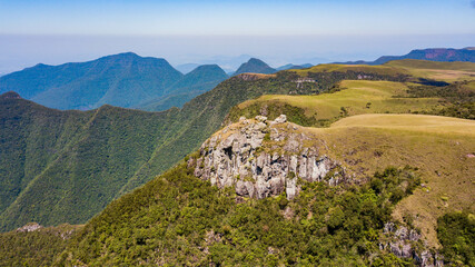 Pico do Rinoceronte and nearby mountains, Bom Jardim da Serra SC. Beautiful rocky peak overlooking the valley in Santa Catarina, Brazil