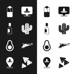 Set Cactus, Tabasco sauce, Burrito, Mexican sombrero, Avocado fruit, Vintage pistols, Nachos and icon. Vector