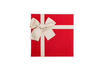 Red gift box with gold ribbon and bow isolated on white background