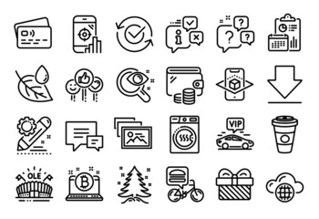Vector set of Leaf dew, Like and Cloud computing line icons set. Calendar report, Money wallet and Credit card tag. Christmas tree, Seo phone and Comment icons. Vector