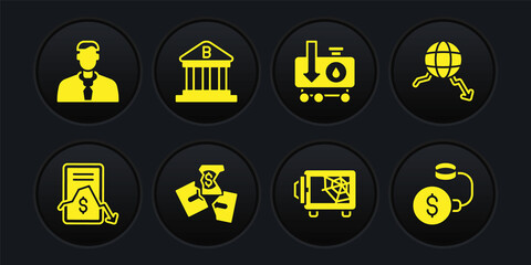 Set Mobile stock trading, Global economic crisis, Tearing money banknote, Safe, Drop crude oil price, Bank building, Debt ball chained coin and Worker icon. Vector