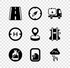 Set Airport runway, Compass, Fuel tanker truck, No alcohol, Airplane window, Storm, Helicopter landing pad and Location icon. Vector