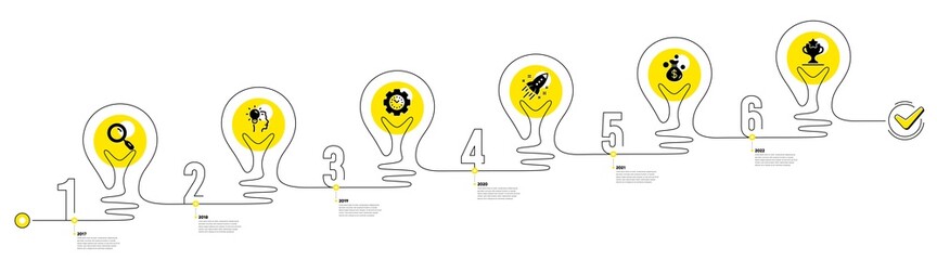 Lightbulb journey path infographics. Business Infographic timeline with 6 steps. Workflow process diagram with Idea, Working time, Money earn and Winner cup icons. Timeline infograph diagram. Vector