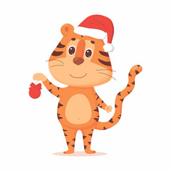 Cartoon chinese tiger with New year red hat and ball. Vector illustration isolated on white background.