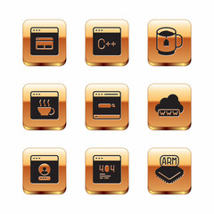 Set Search engine, Create account screen, Page with 404 error, Software, Cup tea tea bag, Processor and icon. Vector