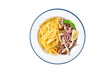 pasta seafood spaghetti mussel, squid, octopus, shrimp fresh meal snack on the table copy space food background rustic 