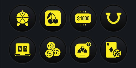 Set Online poker table game, Horseshoe, Casino chip with dollar, Lucky wheel, Money prize casino, Slot machine cherry, and playing cards and icon. Vector