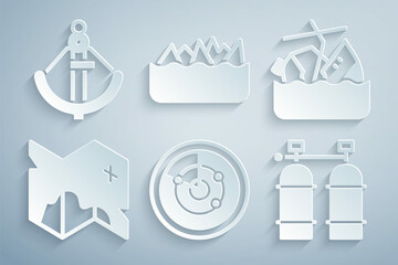 Set Radar with targets, Sinking cruise ship, Pirate treasure map, Aqualung, Sharp stone reefs and Anchor icon. Vector