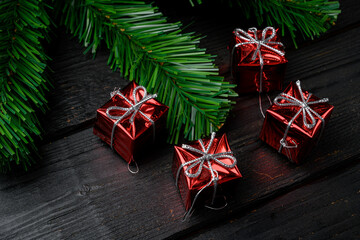 Fototapeta na wymiar Vintage Christmas decorations, on black wooden table background