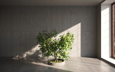 green decorative tree growing in a cement pots on gray wall background. 3D illustration, cg render