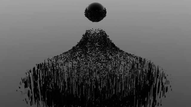 Iron powder under the influence of a magnetic field gathering around a black sphere. Design. Monochrome background with metal particles flying around a black ball on a grey background.