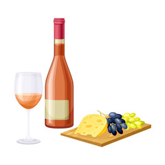 Rose Wine in Bottle and Glass Served with Cheese and Grapes on Wooden Board Vector Illustration