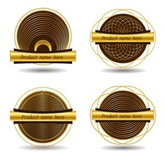 Set of gold round labels with brown background, intersecting golden rings and horizontal copy space in the centre. Vector.