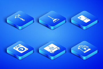 Set Electric kettle, Hammer, Wardrobe, Washer, Handle broom and Refrigerator icon. Vector