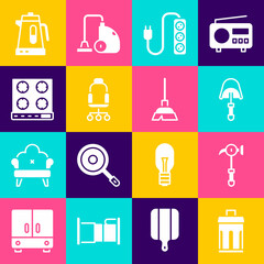 Set Trash can, Hammer, Spatula, Electric extension, Office chair, Gas stove, kettle and Handle broom icon. Vector