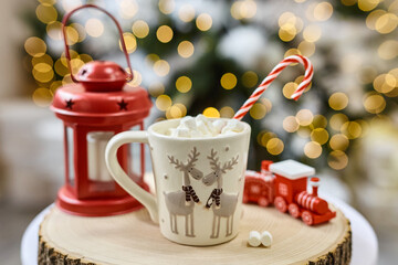 Fairy lights background, hot cocoa with marshmallows
