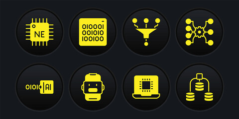 Set Binary code, Neural network, Chat bot, Processor CPU, Funnel filter, Server, Data and icon. Vector