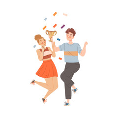 Excited Man and Woman Winner Holding Cup Award and Jumping with Joy Vector Illustration