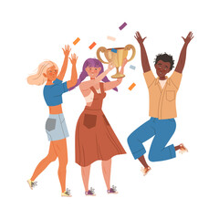 Naklejka na ściany i meble Group of Excited Man and Woman Winner Holding Cup Award and Jumping with Joy Vector Illustration