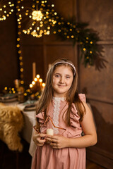 Cute little girl in a beautiful dress. Christmas celebration.