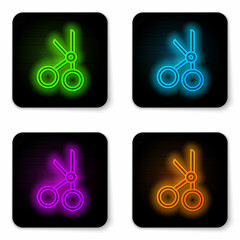 Glowing neon line Medical scissors icon isolated on white background. Black square button. Vector Illustration