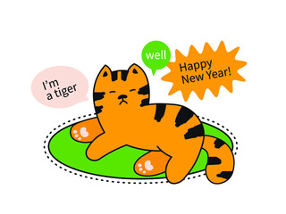 Happy Chinese New Year 2022. Cartoon cute cat lying on the green rug like a tiger. Tiger is Zodiac symbol of 2022 New year. Greeting card with text Happy New Year. EPS vector illustration.