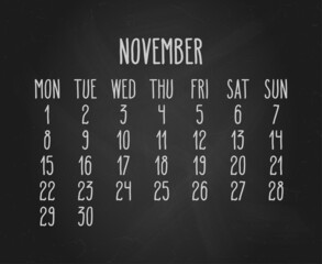 November year 2021 hand drawn chalkboard calendar