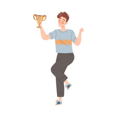 Excited Man Winner Holding Cup Award and Smiling Vector Illustration