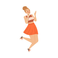 Excited Flushed Woman Jumping with Joy and Gasping in Excitement Cheering About Something Vector Illustration