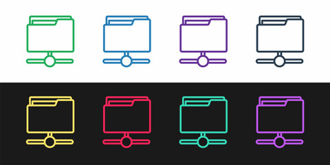 Set line FTP folder icon isolated on black and white background. Software update, transfer protocol, router, teamwork tool management, copy process, info. Vector