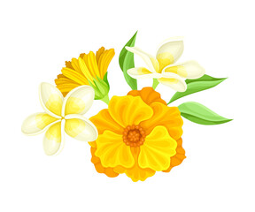 Bright Yellow Flower Bouquet with Delicate Blossom and Green Twig Vector Composition