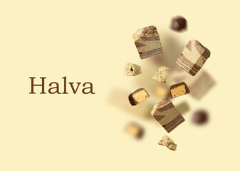 Colorful Flying in the air, Floating halva, chocolate-covered sweets. card with Tasty eastern sweet...