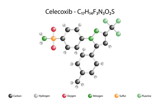 Molecular formula of celecoxib. Celecoxib, is a COX-2 inhibitor and nonsteroidal anti-inflammatory drug.