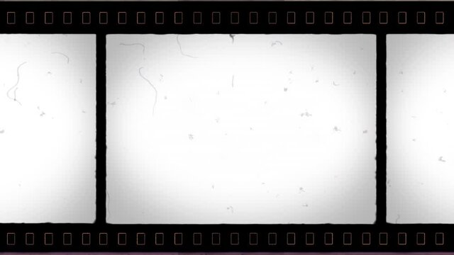 IMAX Film Frame 4K with Sprocket Hole and Noise, Dust, Hair, Scratches on Old Damaged Film Seamless Texture. Animated Only Perforation Frame is Motionless. Tape Loop. Opacity or Screen Mode Usage 