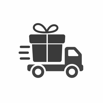 Delivery truck with gift box, icon.