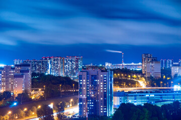 Residential neighborhoods of a Russian city. Residential areas with high-rise buildings. Kazan, top view. Night skyline 