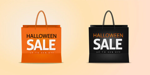 Gift shopping bag with inscription Halloween Sale isolated on orange background. Discount. Promotion. Vector illustration. Vector illustration