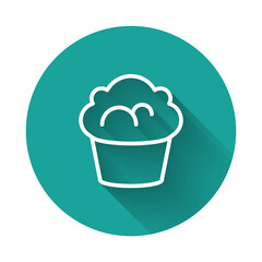 White line Muffin icon isolated with long shadow background. Green circle button. Vector