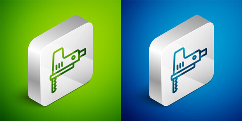 Isometric line Electric jigsaw with steel sharp blade icon isolated on green and blue background. Power tool for woodwork. Silver square button. Vector