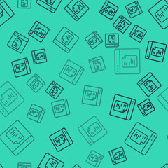 Black line Software, web developer programming code icon isolated seamless pattern on green background. Javascript computer script random parts of program code. Vector