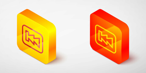 Isometric line Rewind button icon isolated on grey background. Yellow and orange square button. Vector